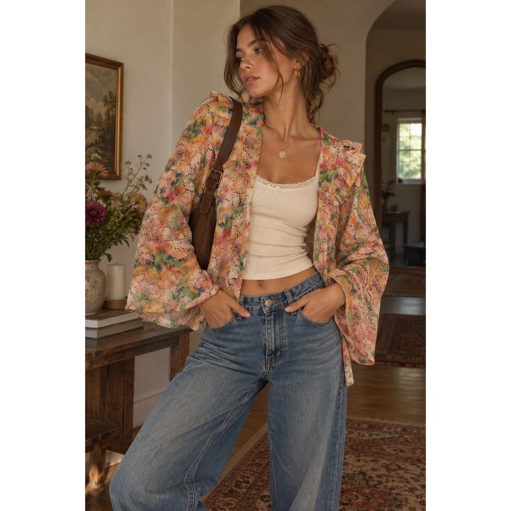 Anthropologie Floral Lace Kimono Cardigan Multicolor Ruffle Boho S/M